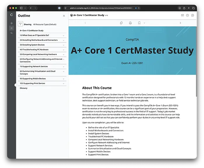 220-1201 CertMaster Study intro page