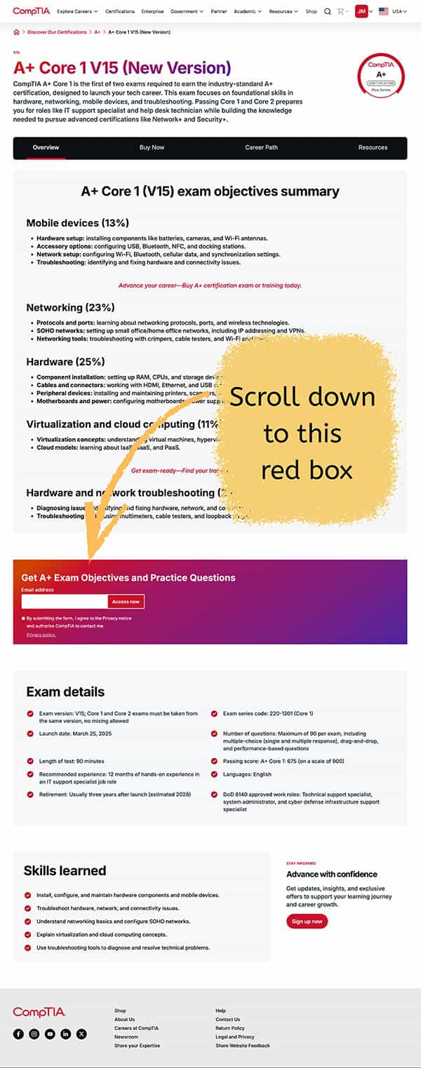 CompTIA Objectives website screenshot